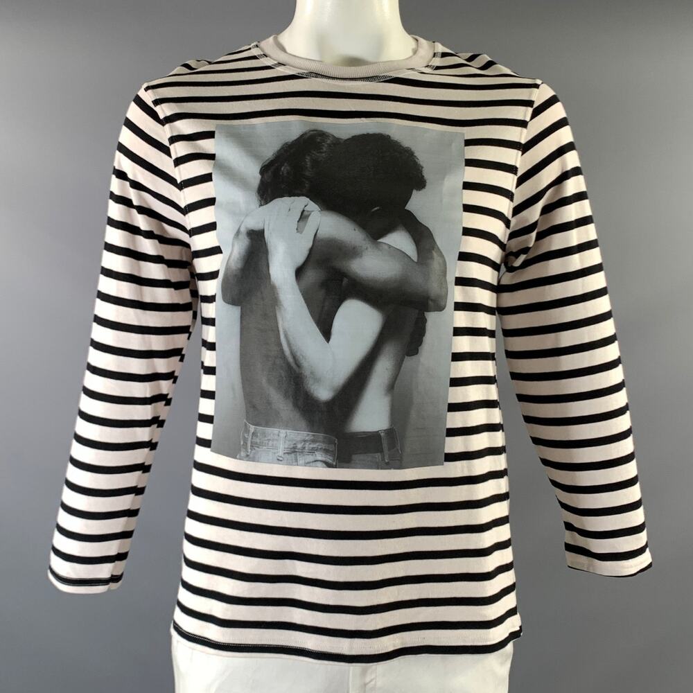 ZARA Size L White Black Stripe Cotton Crew Neck Pullover